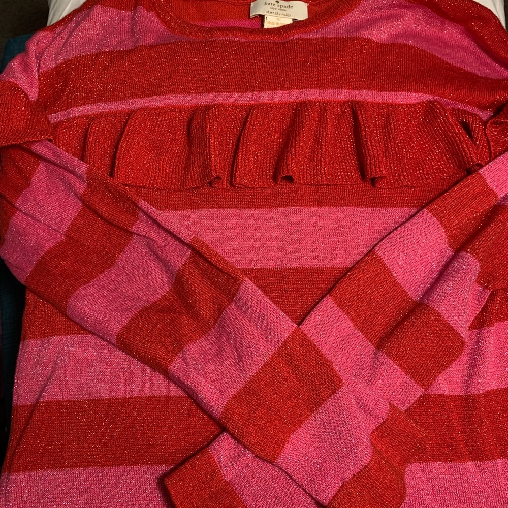Kate Spade New York Girls,  Pink &  Red Metallic Stripe Ruffle Sweater Size 10